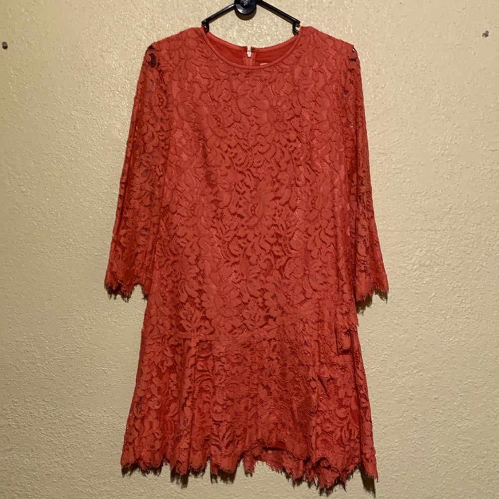 Eliza J Mini Dress 8P Red/Orange Lace Lined 3/4 Sleeve Back Zipper Cotton Rayon